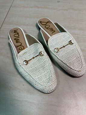 Sam Edelman White Braided Leather Slip-On Mules with Gold Bit